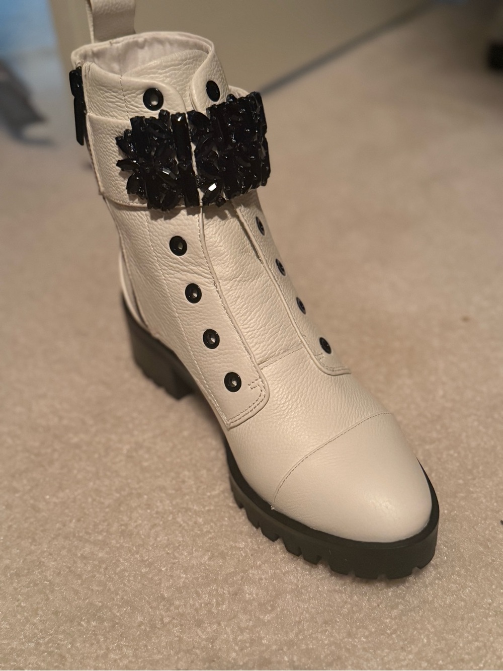 Karl Lagerfeld White Ankle Boot with Black Jeweled Strap